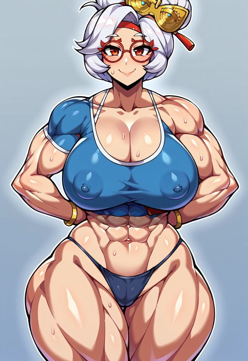1girls ai_generated apron big_breasts blue_outfit breasts civitai cleavage collarbone exposed_shoulders female glasses hair_bun hair_ornament highres huge_breasts large_breasts light-skinned_female mature_female nintendo purah purah_(tears_of_the_kingdom) red_eyes red_glasses sheikah short_hair simple_background single_bun skin_tight smile solo sports_bra tears_of_the_kingdom the_legend_of_zelda tight_clothing