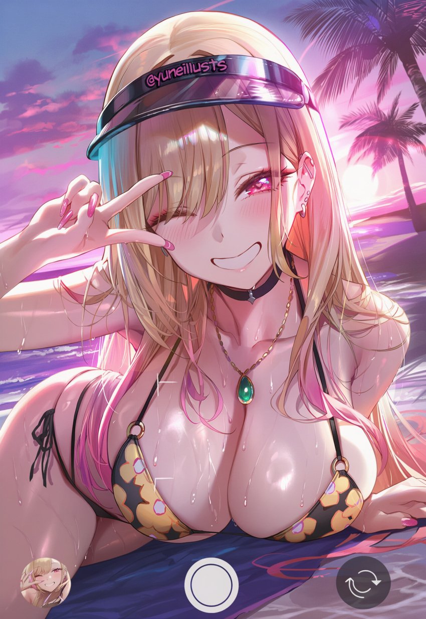 ai_generated bare_shoulders bikini black_choker blush bra breasts choker ear_piercing english_commentary female gradient_hair gyaru highres jewelry kitagawa_marin large_breasts looking_at_viewer model_request multicolored_hair necklace outdoors piercing pink_nails print_bikini print_bra selfie smile solo sono_bisque_doll_wa_koi_wo_suru swimsuit underwear v viewfinder visor_cap yuneillusts