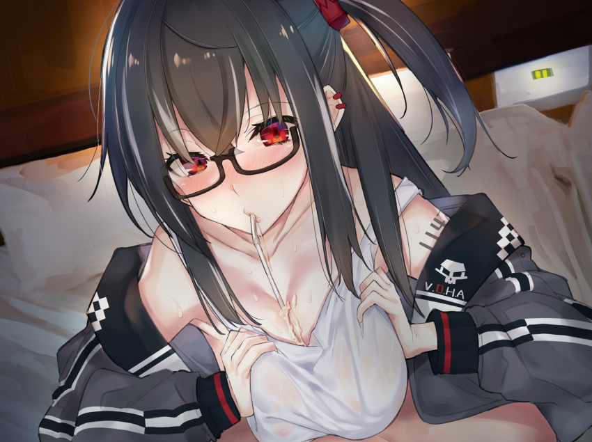 1boy 1girls azur_lane bangs bare_shoulders black_hair blush breast_squeeze breasts cleavage collarbone commentary_request crossed_bangs cum cum_on_body cum_on_breasts cum_on_upper_body drinking_straw eyebrows_visible_through_hair female glasses hair_between_eyes highres indoors iron_blood_(azur_lane) large_breasts light-skinned_female light-skinned_male light_skin long_hair looking_at_viewer multicolored_hair nose_blush off_shoulder one_side_up paizuri red_eyes semi-rimless_eyewear solo_focus streaked_hair suushiki sweat u-47_(azur_lane) u-47_(rookie_rider)_(azur_lane) wet wet_clothes white_hair