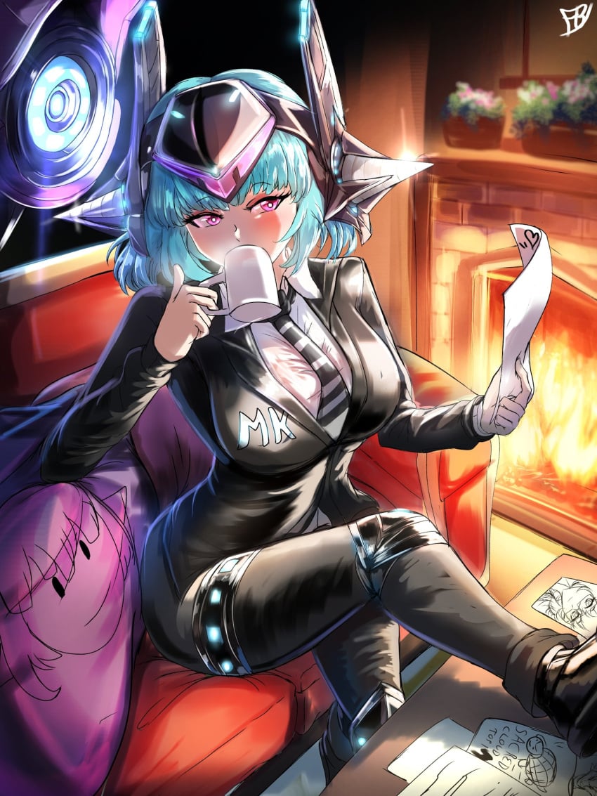 android_mk.99_(guardian_tales) big_breasts blue_hair blush couch_sitting cup cushion fasui-hb freddy_bh mk.99_(guardian_tales) pink_eyes reading sitting suit white_gloves