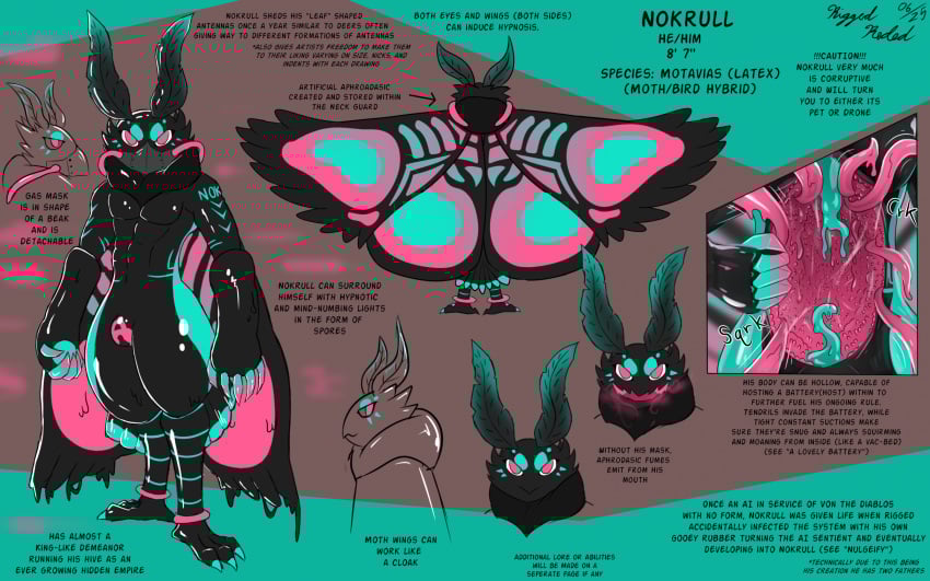 2024 aphrodisiac arthropod avian bird blush corruption english_text gas_mask goo_creature hi_res hybrid hypnosis insects lepidopteran male mask mind_control moth nokrull_(riggedreded) null_bulge riggedreded smile text
