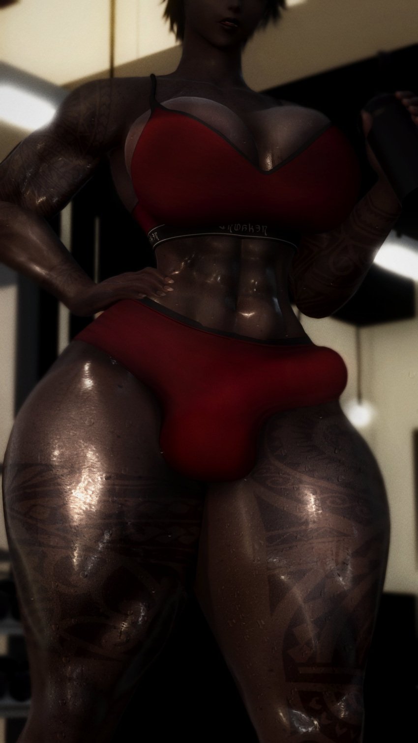 1futa 3d abs big_breasts black_hair breasts bulge bulge_through_clothing cleavage dark-skinned_futa dark_skin final_fantasy final_fantasy_xiv freyfreyxiv futa_only futanari gym gym_clothes hand_on_hip huge_breasts huge_cock indoors intersex large_breasts muscular muscular_arms muscular_futa muscular_thighs penis_outline shiny_skin solo solo_futa sports_bra standing tattoo thick_thighs wide_hips