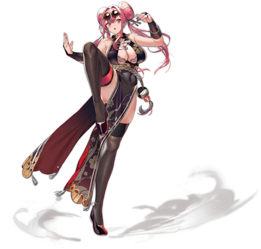 :o alternate_costume azur_lane bare_shoulders black_background black_dress black_footwear black_thighhighs bra bra_peek bracelet braid braided_bun breasts bremerton_(azur_lane) bremerton_(kung_fu_cruiser)_(azur_lane) bridal_gauntlets brown_bra cg china_dress chinese_clothes cleavage cleavage_cutout clothing_cutout covered_navel double_bun dress drop_shadow eyewear_on_head female fighting_stance flats full_body grey_hair hair_between_eyes hair_bun hair_intakes hair_ornament hair_rings high_heels huge_breasts jewelry large_breasts leg_up long_hair looking_at_viewer mole mole_on_breast mole_under_eye multicolored_hair nail_polish official_alternate_costume official_art open_mouth pelvic_curtain pink_eyes pink_hair revealing_clothes round_eyewear side_slit sidelocks skindentation sleeveless sleeveless_dress solo standing standing_on_one_leg strapless strapless_bra streaked_hair sunglasses thighhighs thighs tinted_eyewear transparent_background twintails two-tone_hair underwear