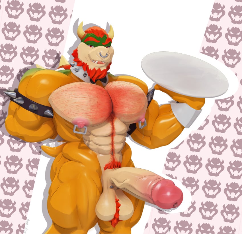 1boy anthro balls big_penis bodily_fluids bowser dragon dripping furry furry_male furry_only genital_fluids genitals hi_res huge_cock koopa male male_only mario_(series) mythological_creature mythological_scalie mythology naughty_face nintendo nude penis precum scalie solo waiter zopanda