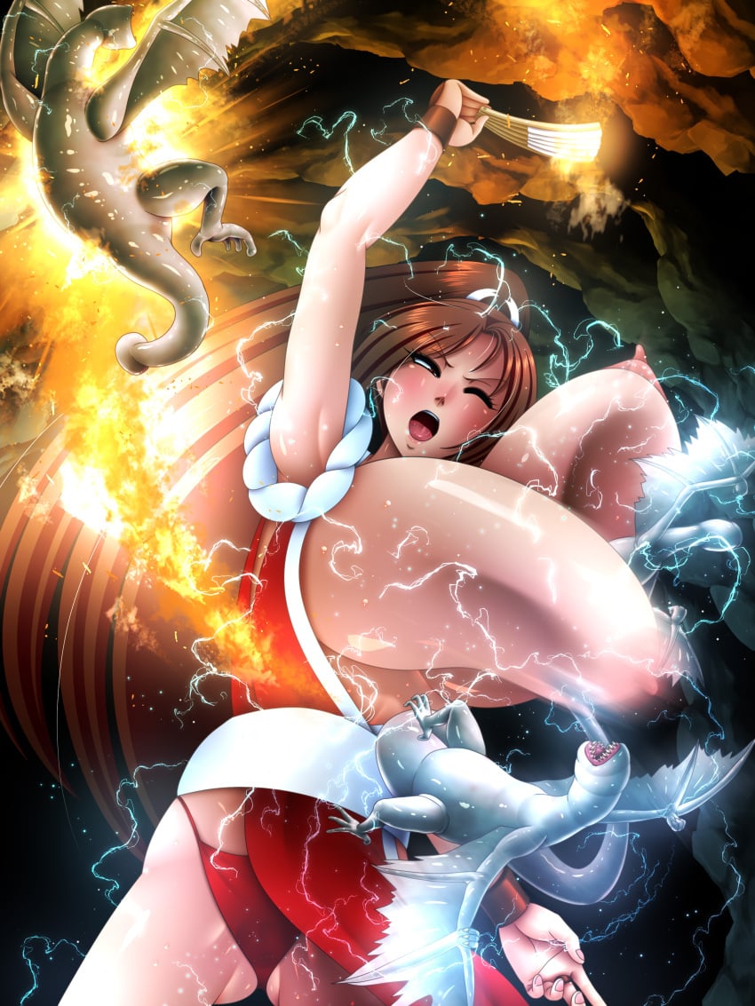 2d 2d_(artwork) 3monsters attack attacked breasts breasts_out brown_hair crossover electric_shock electricity enormous_breasts fan fatal_fury fighting fighting_back fire hacchake_yarou_a_team hatchake_taro khezu khezu_whelp king_of_fighters long_hair mai_shiranui monster monster_hunter monster_rape mosaic_censoring nipple_suck nipples open_mouth pain ponytail resisting resisting_rape special_attack sweat swinging_breasts variant