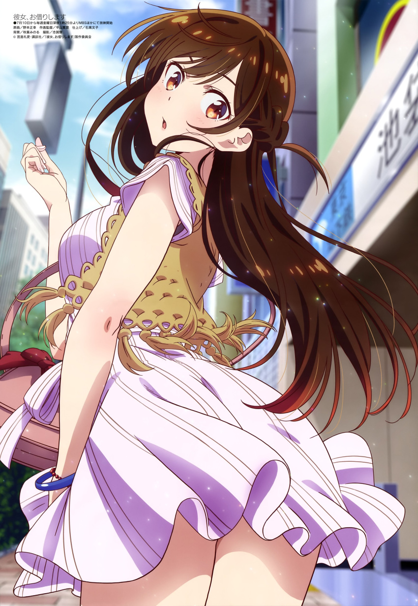 amber_eyes arched_back ass blue_bracelet blush bracelet brown_hair brunette_hair cityscape dress dress_inside_ass from_behind from_below handbag japanese_text jpeg kanojo_okarishimasu light-skinned_female looking_at_viewer looking_down mizuhara_chizuru outdoors pink_dress sideboob standing text