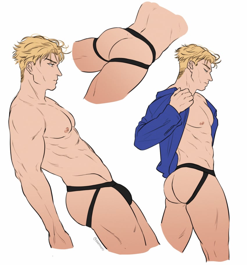 1boy absurdres ass bara blonde_hair blue_shirt commentary cropped_legs english_commentary g00miato highres jockstrap jujutsu_kaisen male_focus male_only male_underwear multiple_views muscular muscular_male nanami_kento nipples open_clothes open_shirt pectorals profile shirt short_hair simple_background solo thighs twitter_username undercut underwear white_background