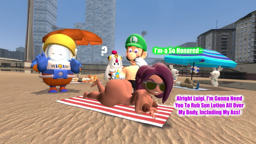 3d 3d_(artwork) barefoot beach beach_towel big_ass completely_nude completely_nude_female desti_(smg4) dialogue female full_body garry's_mod gmod human_meggy kaibernation laying_on_ground luigi mario_(series) meggy_spletzer naked naked_female nude nude_female smg4 sunscreen tari_(smg4) text