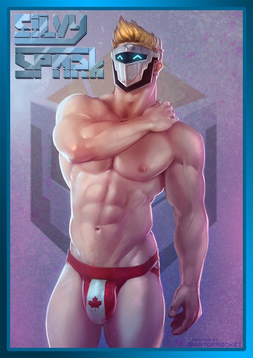 abs art_of_rocket bara biceps big_bulge blonde_hair bulge jockstrap male male_nipples male_only mask masked masked_male muscular_male nderwear nipples pecs silvyspark