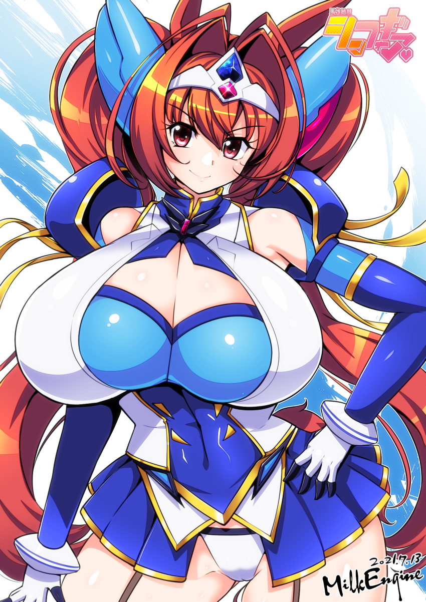 blue_skirt breasts brown_hair cleavage cleavage_cutout daiwa_scarlet_(umamusume) gigantic_breasts huge_breasts kyosuke_fujiwara large_breasts long_hair milk_engine twintails white_panties