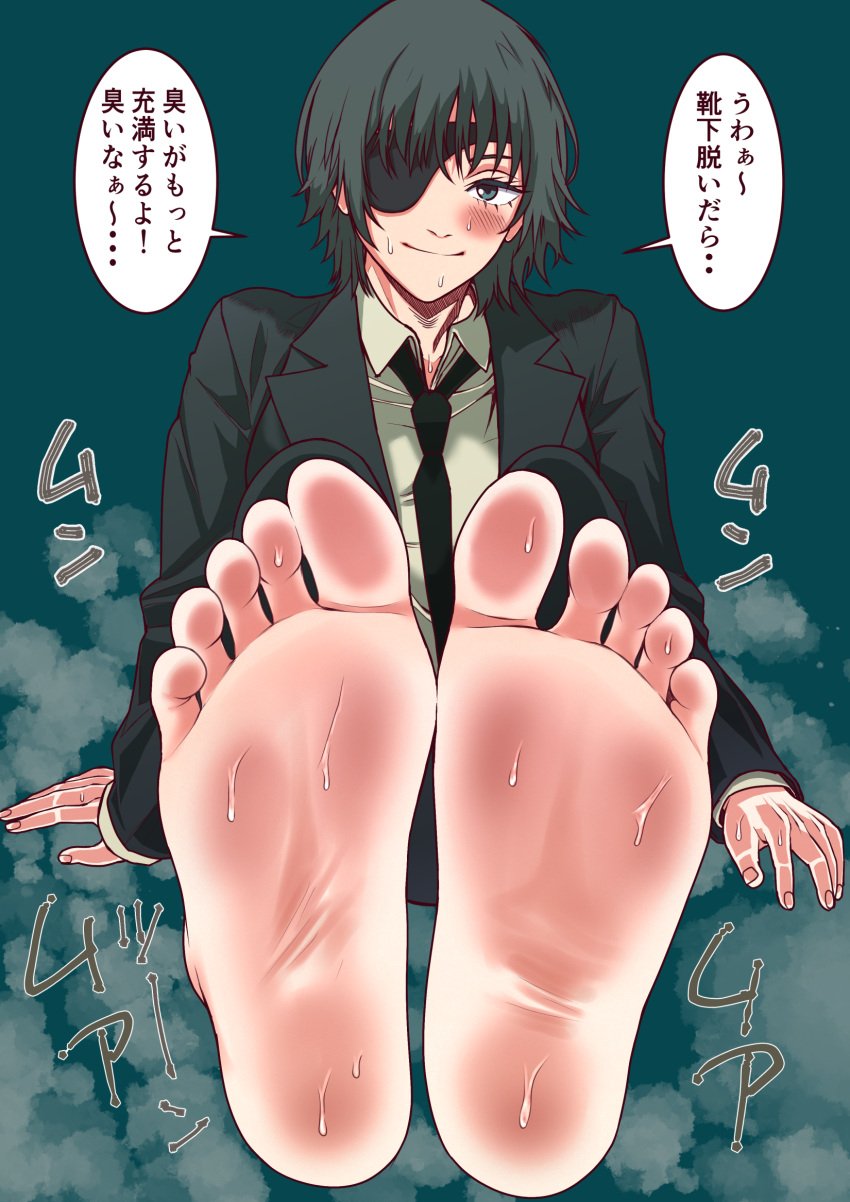 1girl 1girls asikoma7777 barefoot_under_trousers blushed_soles chainsaw_man embarrassed eyepatch feet foot_focus girl green_eyes himeno_(chainsaw_man) japanese_text looking_at_viewer soles speech_bubble steam suit sweat toes tomboy