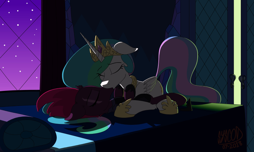 bedroom cuddling darkness friendship_is_magic furry kissing my_little_pony my_little_pony_the_movie princess_celestia_(mlp) smooth_skin syscod tempest_shadow_(mlp) yuri