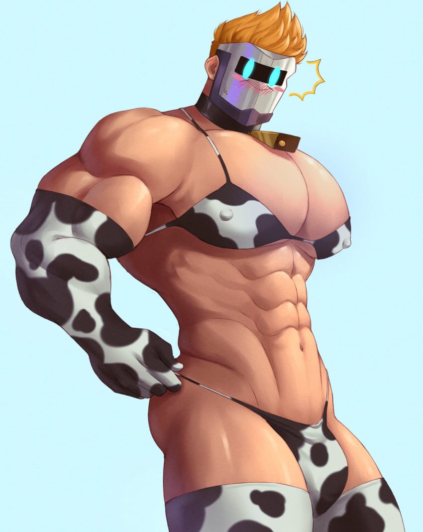 abs bara biceps big_bulge blonde_hair bulge clothing covered_nipples male male_only mask masked masked_male muscular_male pecs rekkinj silvyspark