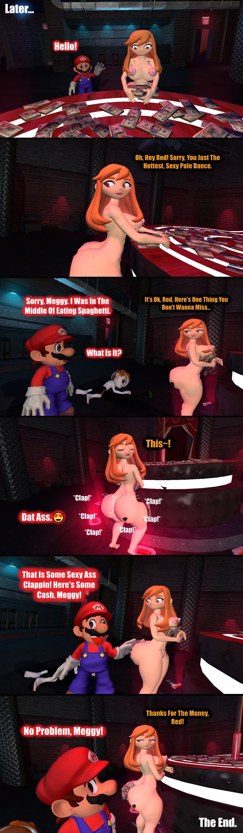 1girls 2boys 3d 3d_(artwork) ass ass_clapping barefoot between_buttocks big_ass big_breasts big_butt comic completely_nude completely_nude_female dialogue female freckles full_body garry's_mod gmod human_meggy kaibernation male mario mario_(series) meggy_spletzer money naked naked_female nipple_bulge nipple_piercing nipples nude nude_female pole smg4 stripper tattoo_on_butt text twerking