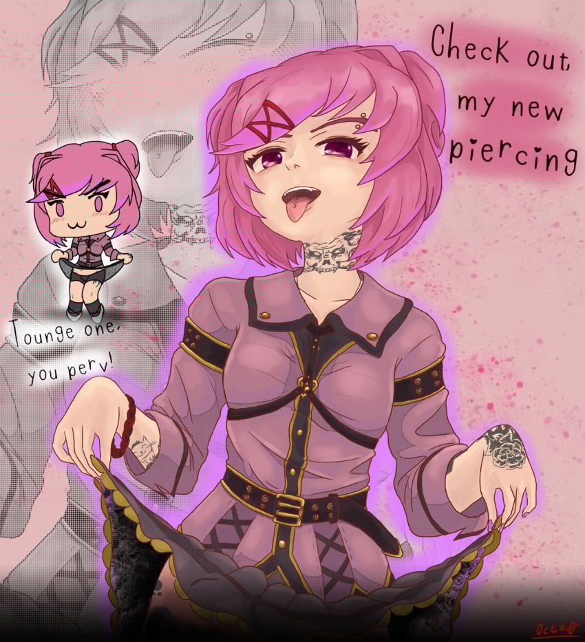 1girls 5_fingers :3 blush bracelet breasts chibi collarbone doki_doki_literature_club dress dress_lift english_text female female_focus lifting lifting_dress lifting_own_clothes natsuki_(doki_doki_literature_club) octa0 pierced_tongue piercing pink_eyes pink_hair tattoo tattoo_on_neck text tongue tongue_out