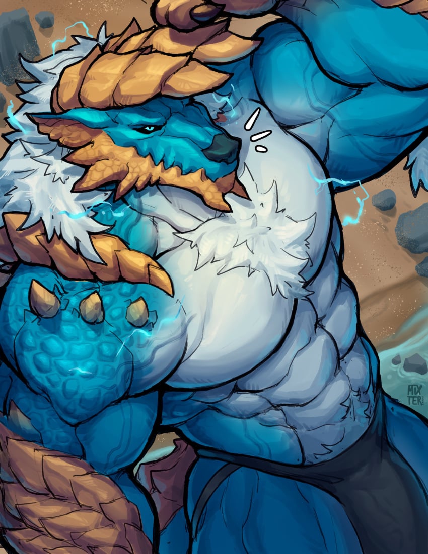 abs absurd_res anthro biceps blue_body bulge capcom claws clothing detailed_bulge fanged_wyvern fur genital_outline genitals hi_res horn male male_focus male_only mammal mixterart monster_hunter muscular muscular_anthro muscular_male pecs penis_outline scales scalie solo underwear white_body zinogre