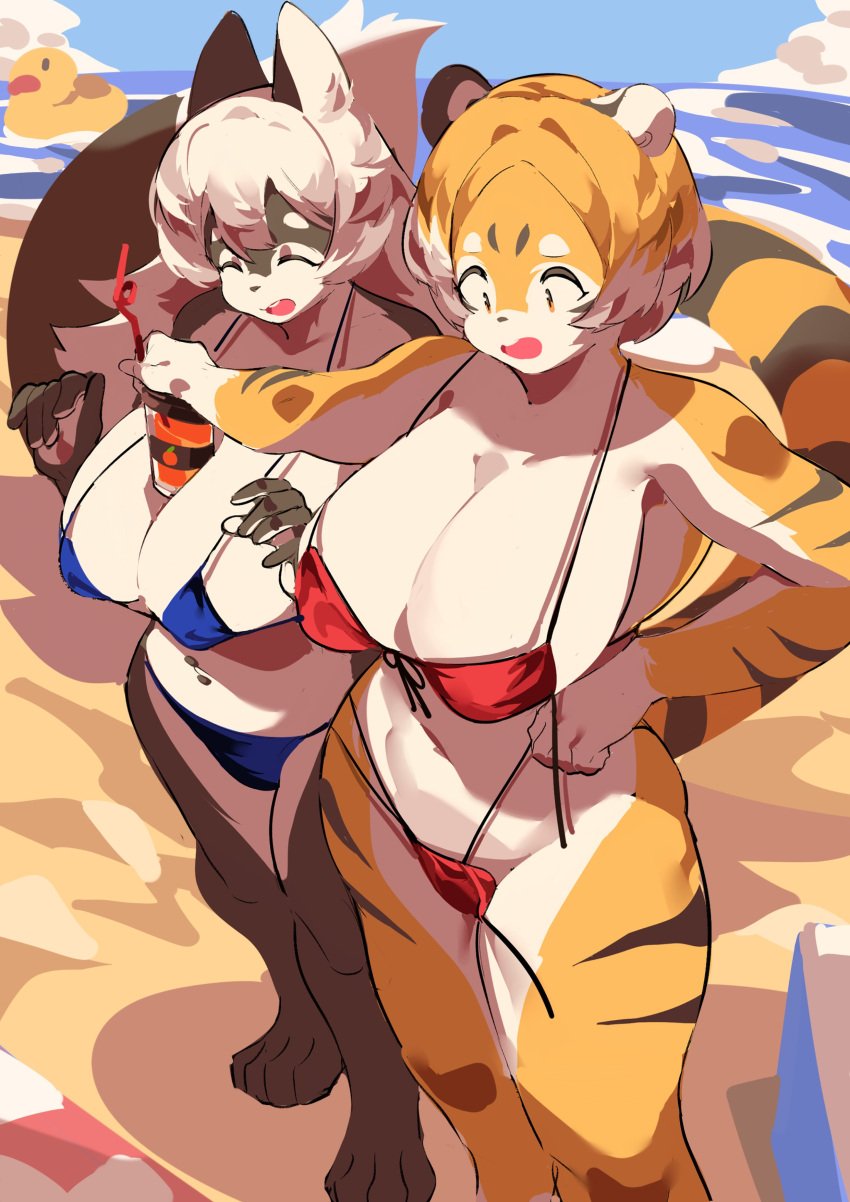 2girls big_ass big_breasts bikini breasts bubble_butt cleavage feline female furry huge_ass huge_breasts mx99926 tagme tiger tiger_girl waai_fu_(arknights)