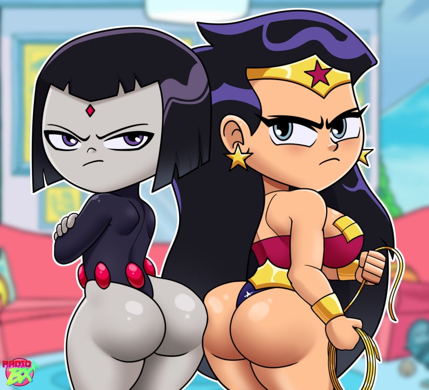 2girls arms_crossed armwear ass ass_focus ass_to_ass big_ass big_breasts black_hair blue_eyes breasts bubble_ass bubble_butt clothing dat_ass dc dc_comics ear_piercing earrings female female_only forehead_jewel grey_body grey_skin headwear hips holding_weapon huge_ass huge_breasts lasso lasso_of_truth leotard long_hair multiple_girls purple_eyes purple_hair purple_leotard radiobx raven_(dc) short_hair side_view sideboob superheroine teen_titans teen_titans_go thighs weapon wide_hips wonder_woman wonder_woman_(teen_titans_go)