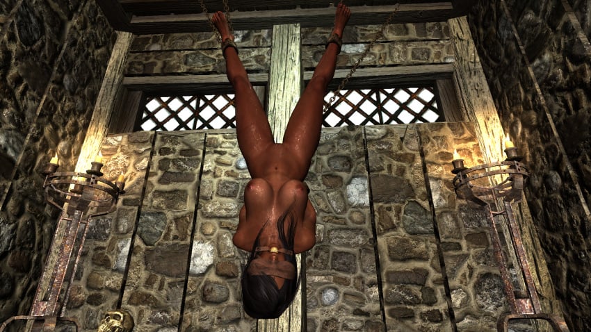 3d arms_behind_back ball_gag black_hair blindfold bondage completely_nude completely_nude_female dark_skin dark_skinned_female gag gagged m7seven nude nude_female redguard skyrim suspension_bondage upside-down