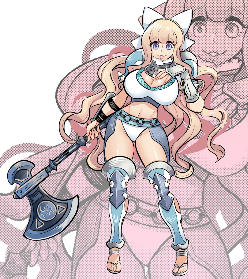 1girls absurdres armor axe bare_thighs battle_axe bikini_armor blonde_hair blue_eyes bow breasts charlotte_(fire_emblem) cleavage female female female_only fire_emblem fire_emblem_fates grin hairbow hand_on_own_chest highres holding holding_axe inner_thighs large_breasts long_hair looking_at_viewer missandydandy nintendo panties pauldrons shoulder_armor smile solo thighs toeless_footwear underwear very_long_hair wavy_hair weapon white_bow white_panties