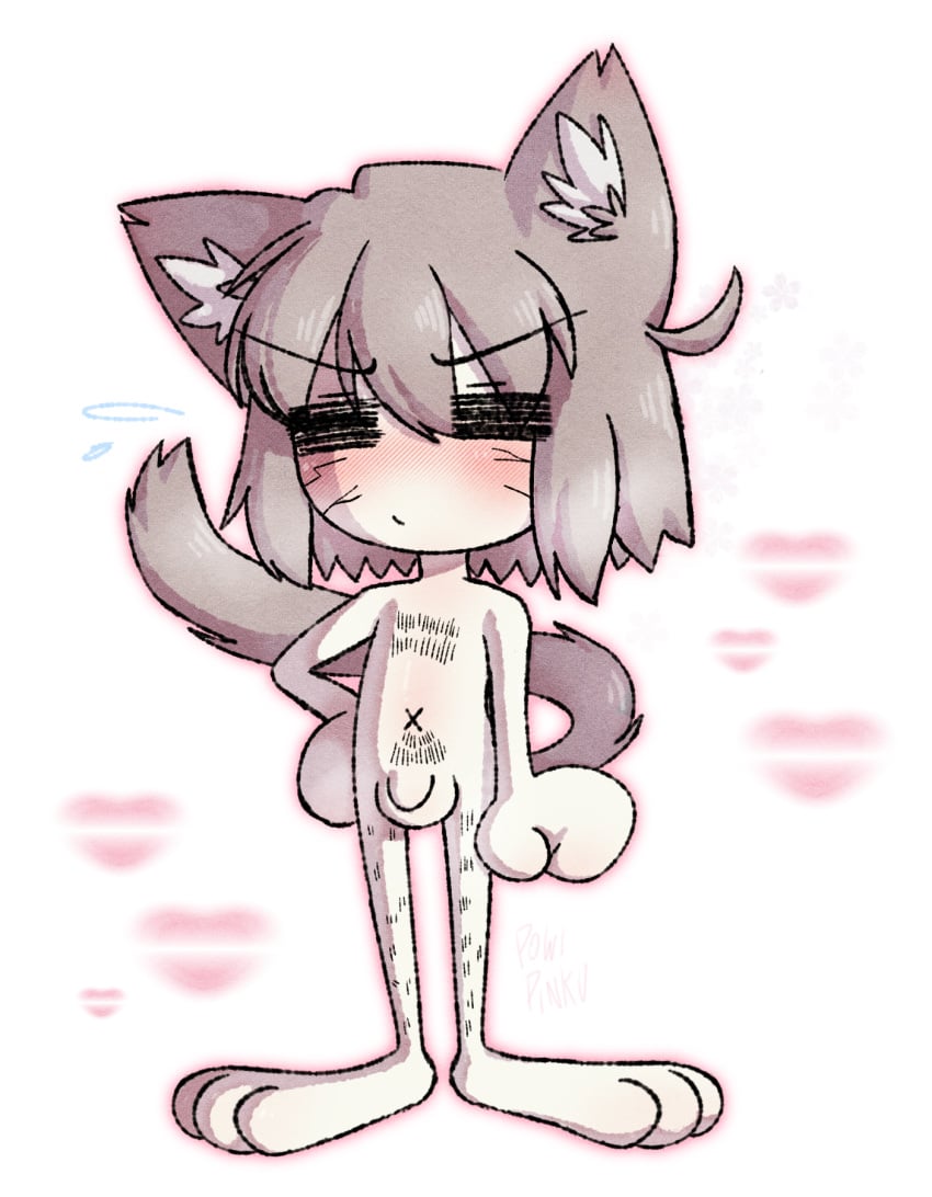 belly_button blush body_hair cat_humanoid catboy chibi closed_eyes closed_mouth cute_male digital_drawing_(artwork) digital_media_(artwork) embarrassed embarrassed_nude_male gray_hair inner_ear_fluff male male_only naked naked_male neco-arc_chaos nekomimi posted_by_artist powpink09 red_outline scar_on_face skinny toony white_background
