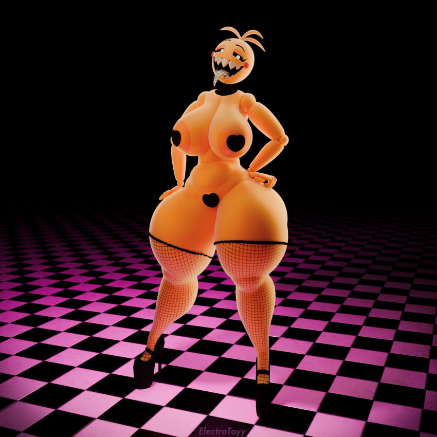 3d 3d_(artwork) 3d_model bimbo electrotoyy fishnets five_nights_at_freddy's five_nights_at_freddy's_2 high_heels looking_at_viewer platform_heels simple_background smiling thick_thighs toy_chica_(cyanu) toy_chica_(fnaf) wide_hips