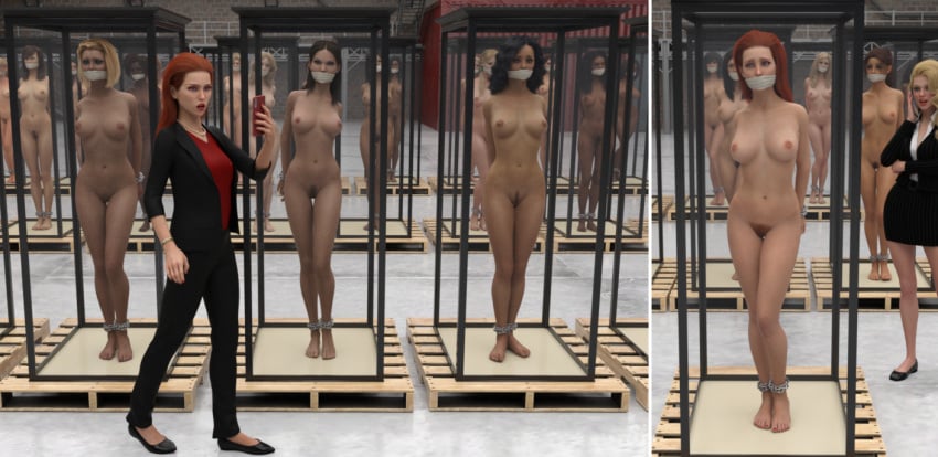 3d 6+girls before_and_after blonde_hair bondage bound_ankles bound_wrists cage cloth_gag clothed_female_nude_female completely_nude completely_nude_female female_only gag gagged getyourclothesoff glass_container multiple_girls nude nude_female original red_hair