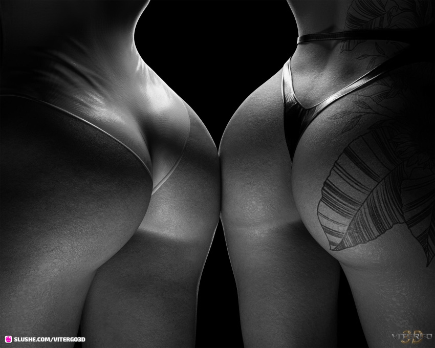 2023 2girls 3d ass_focus female female_only grayscale greyscale multiple_girls original_character original_characters riley_(vitergo3d) sharon_(vitergo3d) vitergo3d