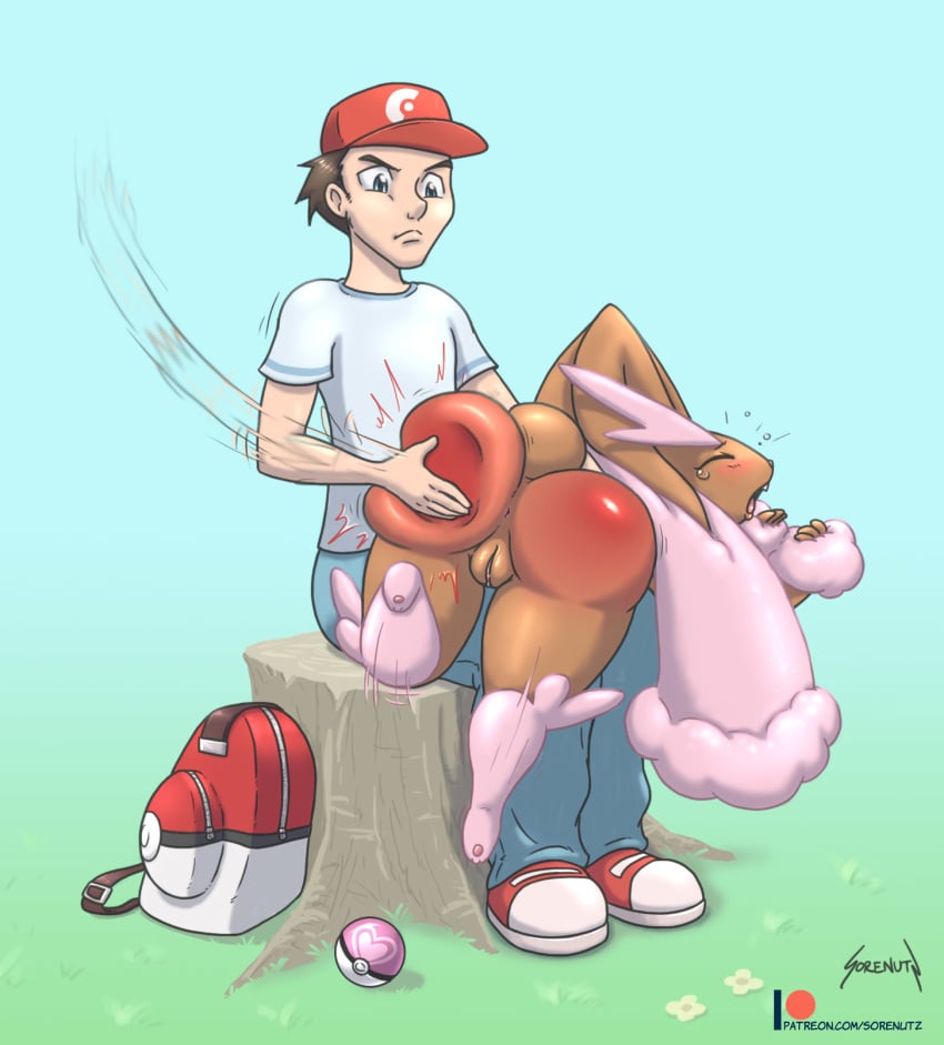 1boy 1girls alternate_color anus ass backpack bag big_ass big_ears blue_background blue_eyes blush bottom_heavy brown_fur brown_hair buckteeth bunny_ears closed_eyes crying day feet female feral furry hand_on_ass hat human interspecies lagomorph large_ass larger_male long_ears lopunny love_ball male motion_lines nintendo nude outdoors pants paws pink_fur pokémon_(species) poke_ball pokemon pokemon_(species) pokemon_dppt pokemon_trainer pussy rabbit red_ass shiny_pokemon shirt shoes sitting size_difference smaller_female sorenutz spank_marks spanking straight tears teeth text thick_thighs tongue tree trembling url watermark wide_hips