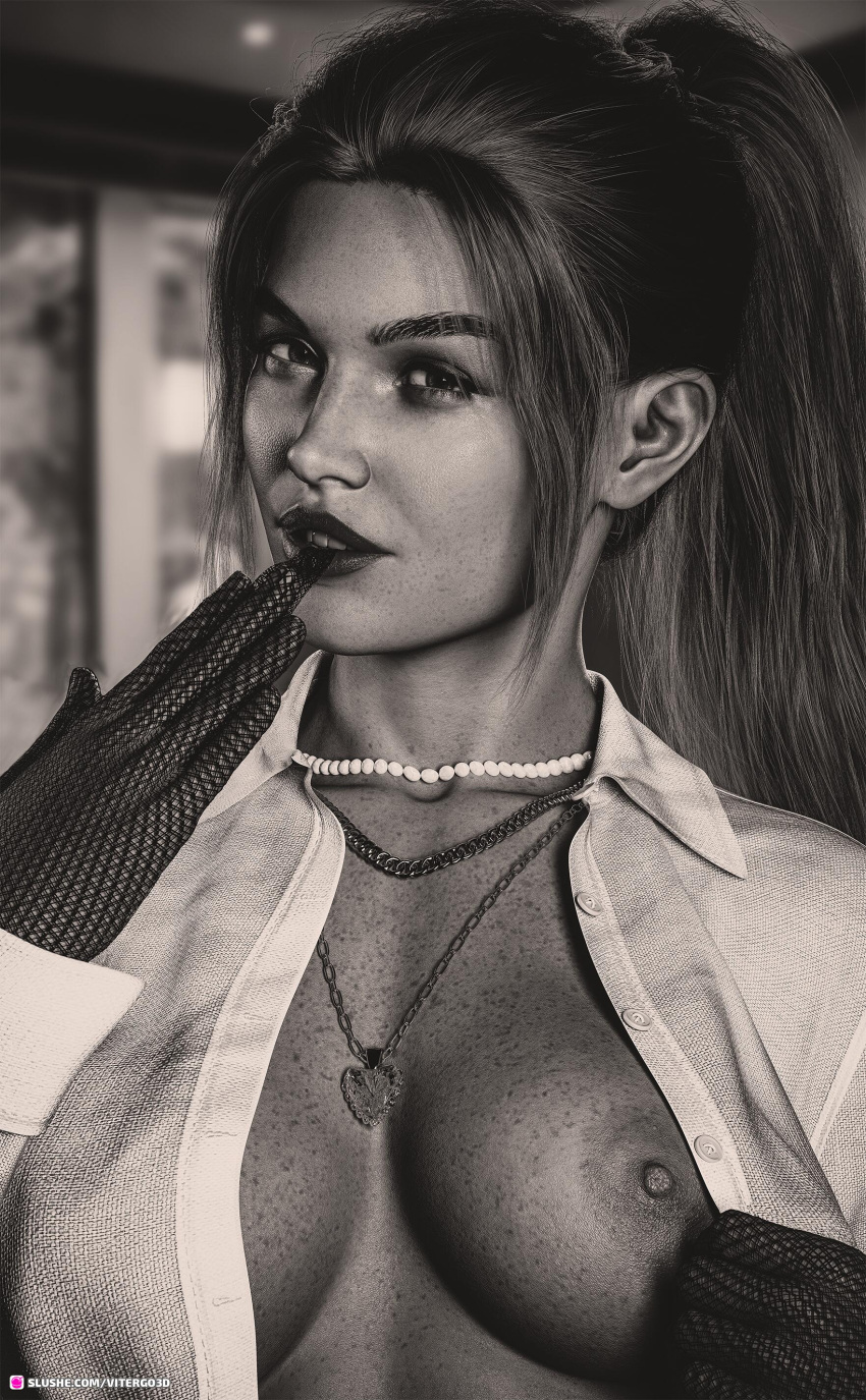 1girls 2023 3d alternate_version_available black_hair blue_eyes female female_only freckles grayscale greyscale lipstick looking_at_viewer necklace one_breast_out open_shirt original_character red_lipstick sasha_(vitergo3d) shirt solo solo_female vitergo3d white_shirt