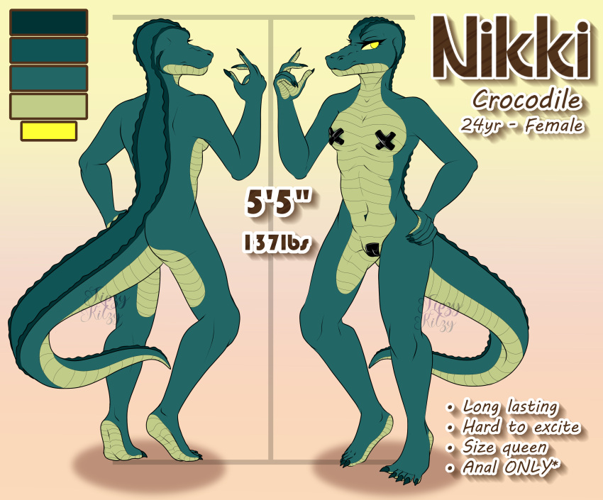 absurd_res athletic athletic_female countershading crocodile crocodilian crocodylid female flat_chested green_body hi_res looking_at_viewer model_sheet multicolored_body pasties pasties_only reptile reverse_countershading scalie solo tipzykitzy two_tone_body yellow_eyes