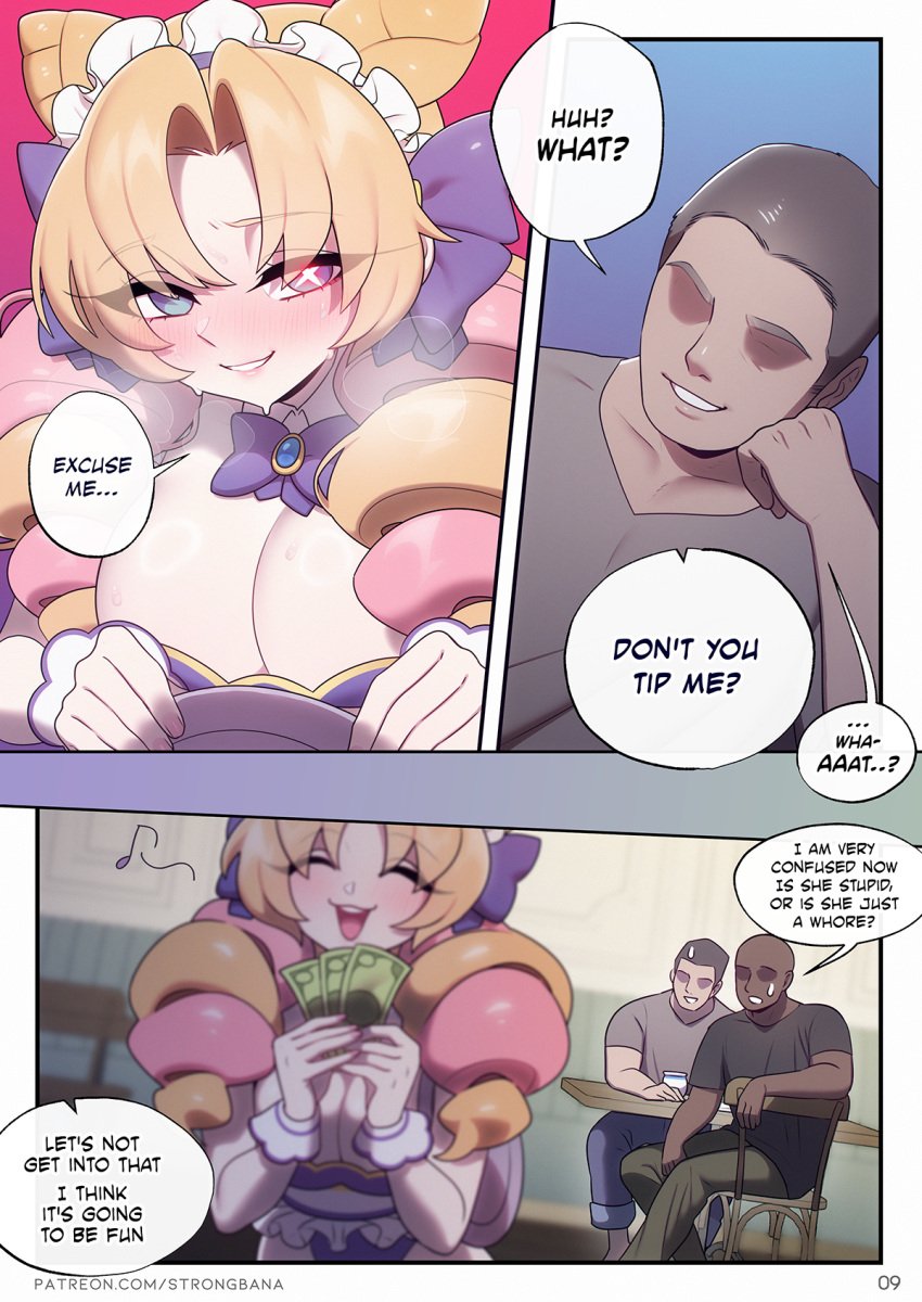 1girls 2boys big_breasts blonde_hair blue_eyes blue_hair blush cafe_cutie_gwen cafe_cuties_series cleavage comic comic_page dark-skinned_male drill_hair english_text fanservice fingering grabbing grabbing_from_behind green_hair gwen_(league_of_legends) happy heat large_breasts league_of_legends maid maid_outfit maid_uniform money page_9 page_number pale-skinned_female pale_skin pink_hair ribbon_in_hair riot_games singing strongbana surprised text tight_clothing uniform watermark