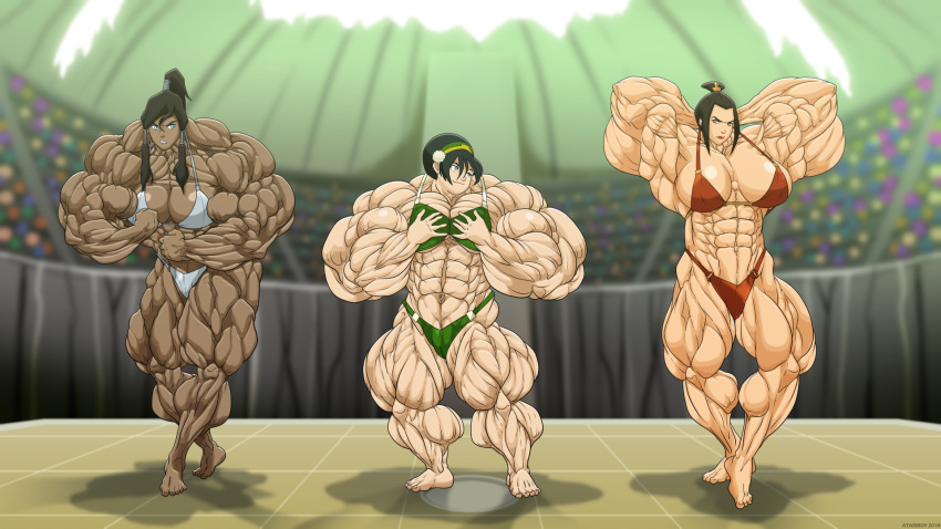 3girls atariboy avatar_legends avatar_the_last_airbender azula bikini black_hair bodybuilder competition dark-skinned_female dark_skin earth_kingdom extreme_muscles female female_only fire_nation flat_chest flexing hair_bun hair_tubes hairband hyper_muscle hyper_muscles korra large_breasts muscular muscular_female older pose short_hair straight_hair swimsuit the_avatar the_legend_of_korra toph_bei_fong topknot water_tribe