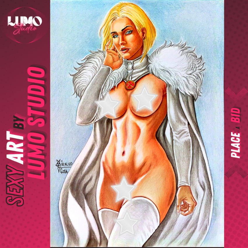 abs blonde_female blonde_hair breasts censored censored_nipples censored_pussy emma_frost female female_only fit fit_female hellfire_club large_breasts lumo_studio marvel marvel_comics miralvo_lima nude nude_female traditional_art traditional_media_(artwork) white_queen x-men