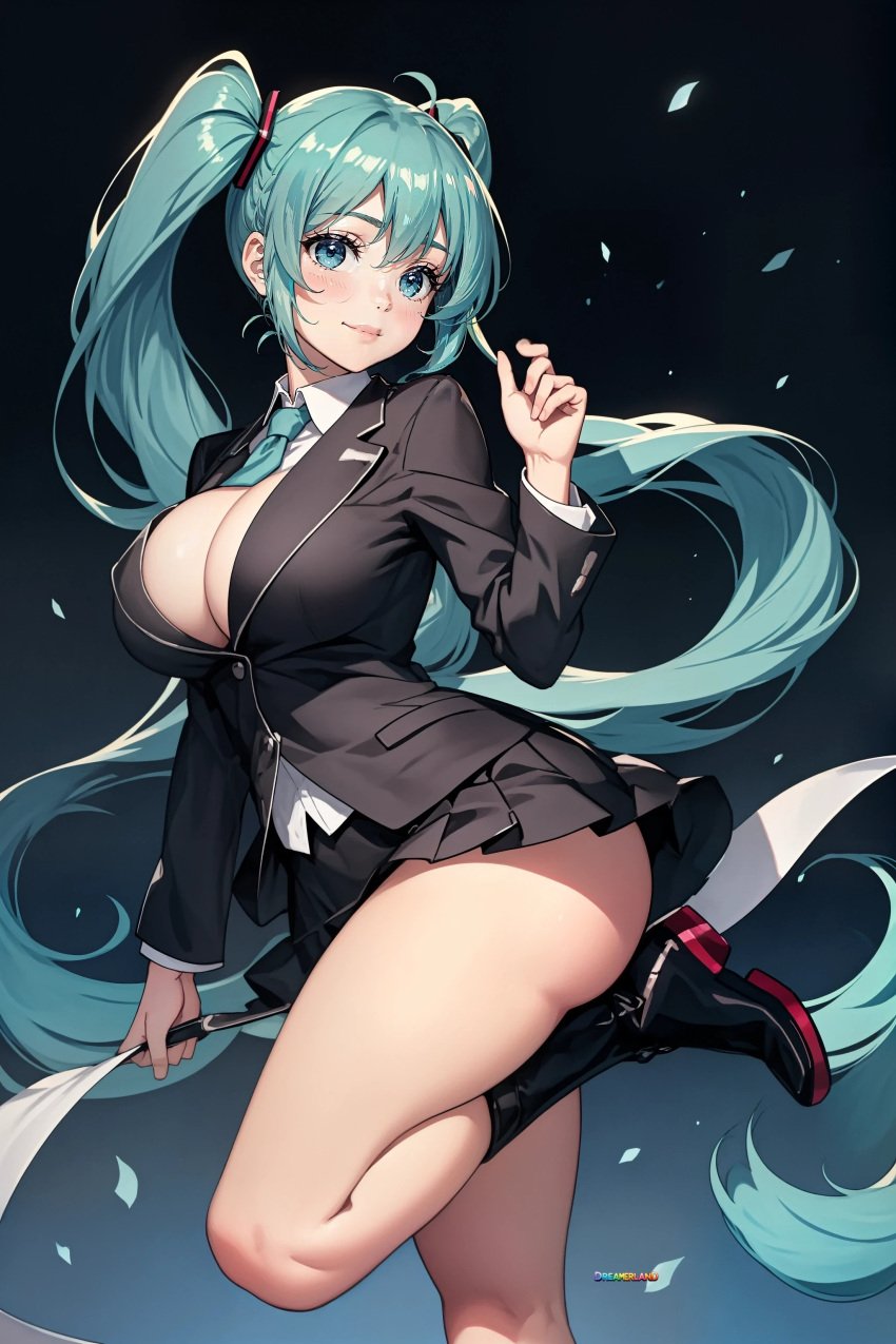 ai_generated anime anime_style ass big_breasts blue_eyes blue_hair boots breasts breasts_visible_through_clothing cleavage cute fake_breasts female_focus female_only fingers focus gradient_background hair_between_eyes hatsune_miku large_breasts light light-skinned_female light_blue_hair light_body lighting long_hair long_sleeves looking_at_another miniskirt necktie pose posing posing_for_the_viewer round_breasts seducing seduction seductive seductive_body seductive_eyes seductive_gaze seductive_look seductive_mouth seductive_pose shadow shiny shiny_ass shiny_breasts shiny_clothes shiny_hair shiny_skin shy simple_background skirt sky4maleja standing_on_one_leg suit suit_and_tie suit_jacket thick_ass thick_thighs twintails very_long_hair vocaloid watermark younger_female