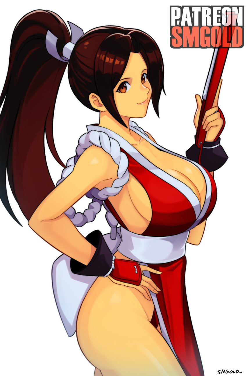 1girls absurdres breasts cleavage cowboy_shot fatal_fury female hand_fan high_ponytail highres holding holding_fan king_of_fighters mai_shiranui ninja simple_background smgold smile solo white_background