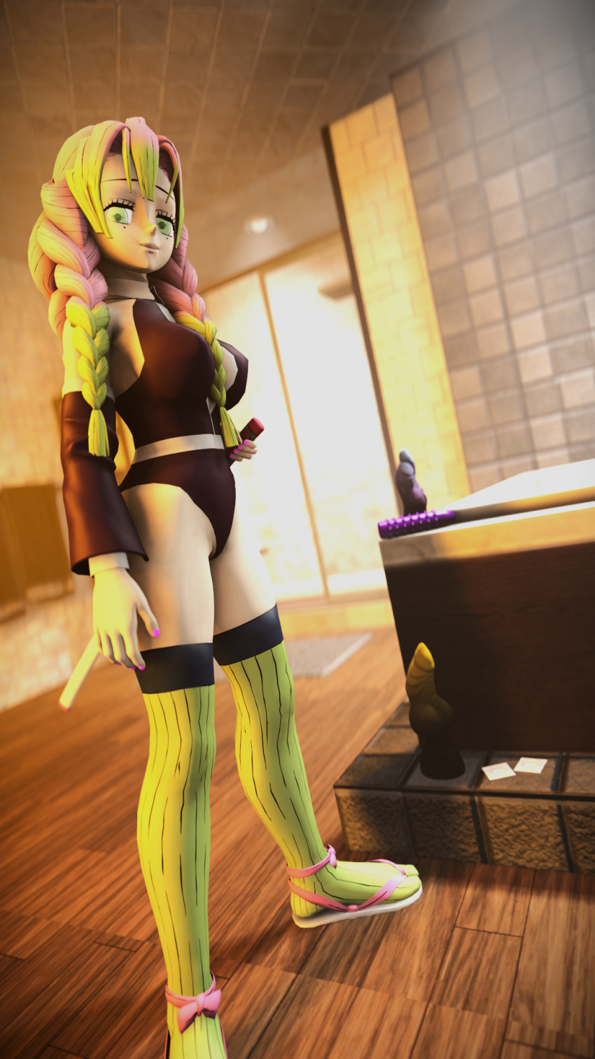 3d 3d_(artwork) bad_dragon clothed condom covering_pussy demon_slayer dildo eyebrows female female_focus female_only green_eyes green_hair kanroji_mitsuri katana kitkcat_sfm long_hair pink_hair sfm solo solo_female solo_focus source_filmmaker swimsuit swimwear weapon