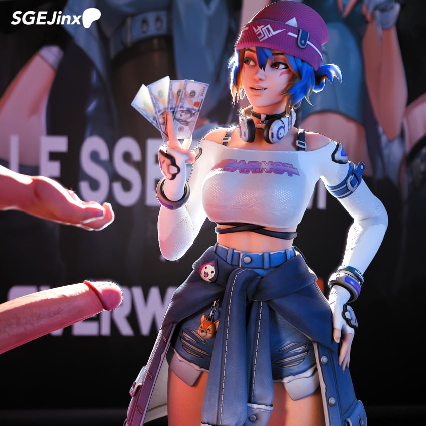 3d 3d_(artwork) antifragile_kira-kira asian_female big_penis blender blender_cycles blue_hair blurred_background bracelet bracelets brown_eyes choker clothed clothed_female condom dollar_bills hat headphones headphones_around_neck highres jeans jeans_shorts keyring kiriko_(overwatch) kiriko_kamori kunai le_sserafim light-skinned_female light-skinned_male light_skin looking_at_partner money multicolored_hair overwatch overwatch_2 paid_reward paid_reward_available paid_sex patreon_logo patreon_username ripped_pants sgejinx_(artist) shirt short_hair shorts shoulder_pads straps tagme tied_jacket twitter_username white_male