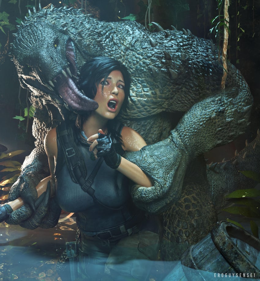 1girls 2024 3d arm_grab black_hair clothed clothing eroguysensei female fingerless_gloves gloves lara_croft large_breasts larger_male lizardman male_monster monster size_difference smaller_female standing tomb_raider you_gonna_get_raped