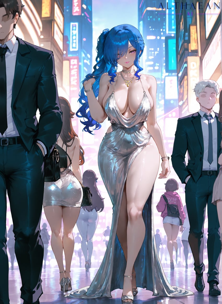 ai_generated althaean azur_lane cleavage elegant halter_dress halterneck hand_in_hair high_heels highres large_breasts plunging_neckline revealing_clothes side_ponytail sideboob silver_jewelry st._louis_(azur_lane) st._louis_(luxurious_wheels)_(azur_lane) voluptuous voluptuous_female