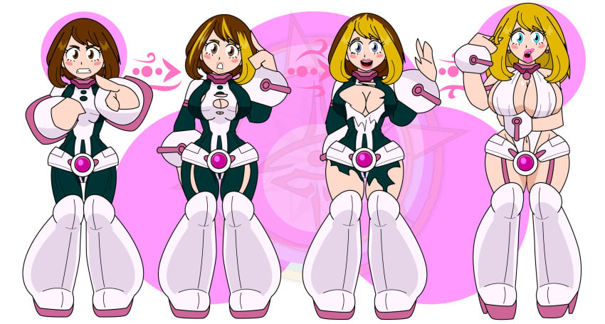 bimbofication blonde_hair breast_expansion breasts cleavage dragon-fangx femsub hero_outfit_(mha) large_breasts large_lips my_hero_academia ochako_uraraka sequence transformation