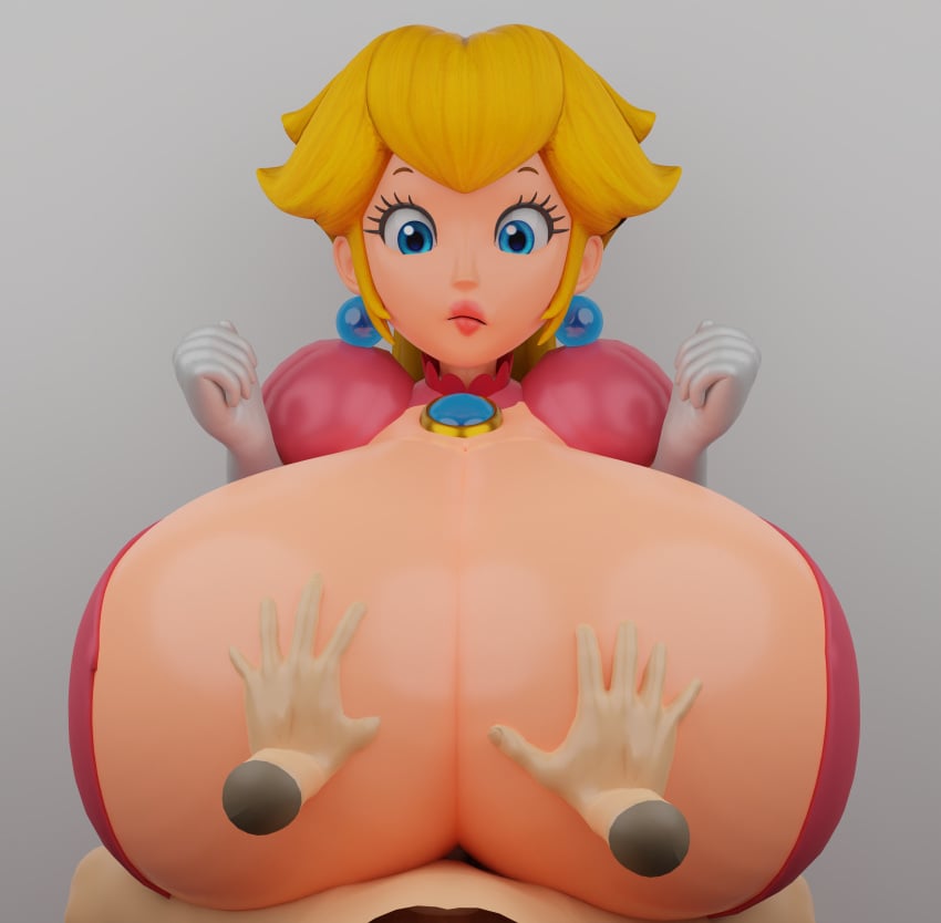 1girls 3d alternate_version_available breasts clothed female hands_on_breasts huge_breasts hyper_breasts inner_sideboob jinouga97 looking_down looking_down_at_breasts mario_(series) no_bra paizuri pov princess_peach princess_peach:_showtime! teasing