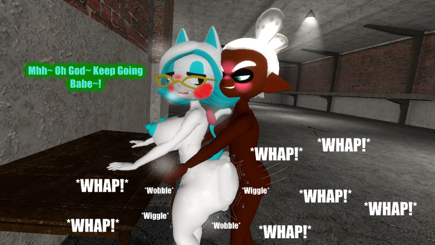 1boy 1girl 1girls 3d 3d_(artwork) ass_jiggling big_ass big_breasts dialogue female garry's_mod gmod kaibernation karen_(smg4) male nah nipples onomatopoeia pounding_ass smg4 text