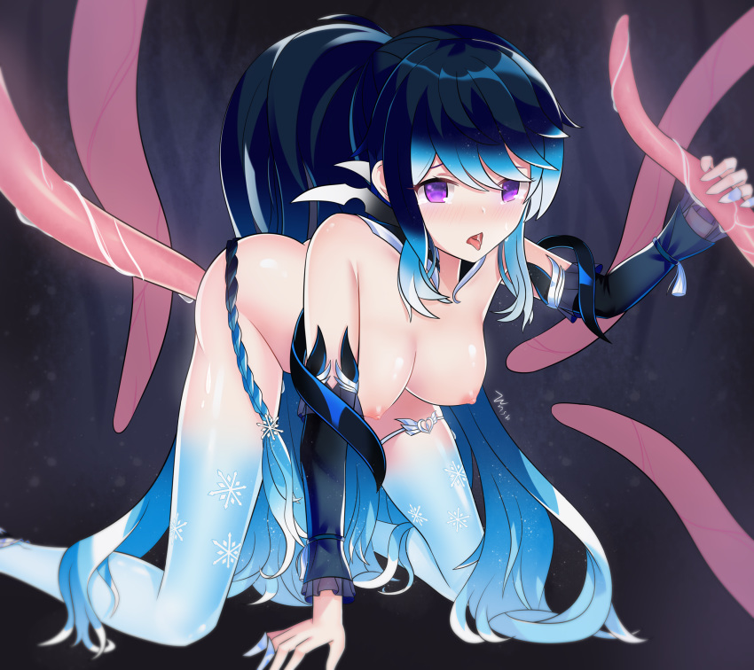 7_n aisha_(elsword) all_fours alternate_hair_color alternate_hair_length alternate_hairstyle blue_hair blush breasts commentary detached_sleeves elsword female frilled_sleeves frills gradient_hair highres holding large_breasts long_hair multicolored_hair purple_eyes snowflake_print tears tentacle tongue tongue_out wet