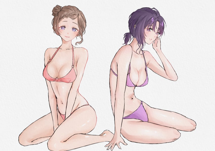 2girls asahina_mafuyu ass belly belly_button big_breasts bikini blue_eyes blush breasts breasts_out clothed clothing female_focus female_only high_resolution highres light_brown_hair looking_at_viewer mochizuki_honami multiple_girls naked navel partially_clothed partially_clothed_female partially_nude partially_undressed pov project_sekai purple_eyes purple_hair swimsuit swimwear thighs tits_out tummy white_background