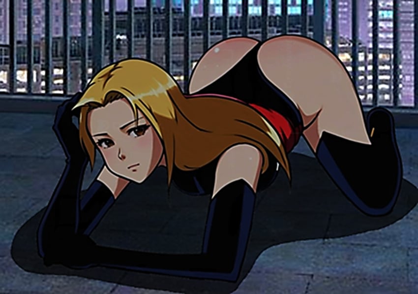 anime anime_girl anime_style ass_shot bending black_leotard blonde_female blonde_hair blonde_hair brown_eyes butt_crack carol_danvers knees_on_floor leggings long_gloves marvel ms._marvel ms._marvel_(carol_danvers) red_sash rooftop rooftops superhero_costume superheroine tight_clothing tight_fit webart20