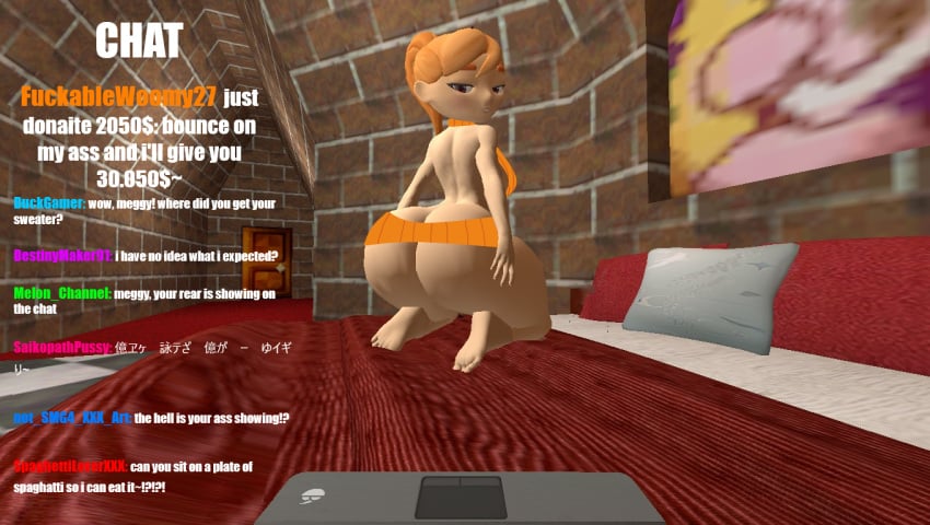 3d 3d_(artwork) ass ass_exposed ass_focus barely_clothed big_ass chat chat_box donation donation_alert female_only garry's_mod gmod hand_on_hip human_meggy kaibernation livestream meggy_spletzer smg4 streaming sweater_girl text