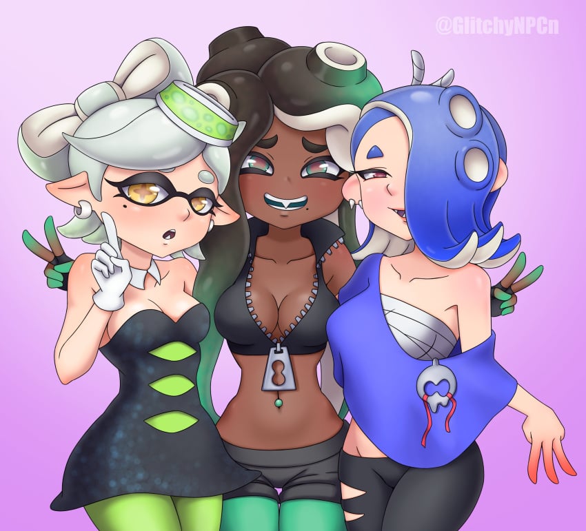 2023 3girls awkward awkward_smile bare_shoulders big_breasts blue_hair breasts cleavage clothed clothed_female dark-skinned_female dark_hair dark_skin deep_cut_(splatoon) female female_only glitchynpc grey_hair inkling inkling_girl jpeg light_skin light_skinned_female lipstick marie_(splatoon) marina_(splatoon) midriff nintendo octoling octoling_girl off_the_hook_(splatoon) only_female peace_sign red_lips red_lipstick shiver_(splatoon) simple_background smile smiling solo_female splatoon splatoon_(series) splatoon_2 splatoon_3 squid_sisters standing tentacle_hair