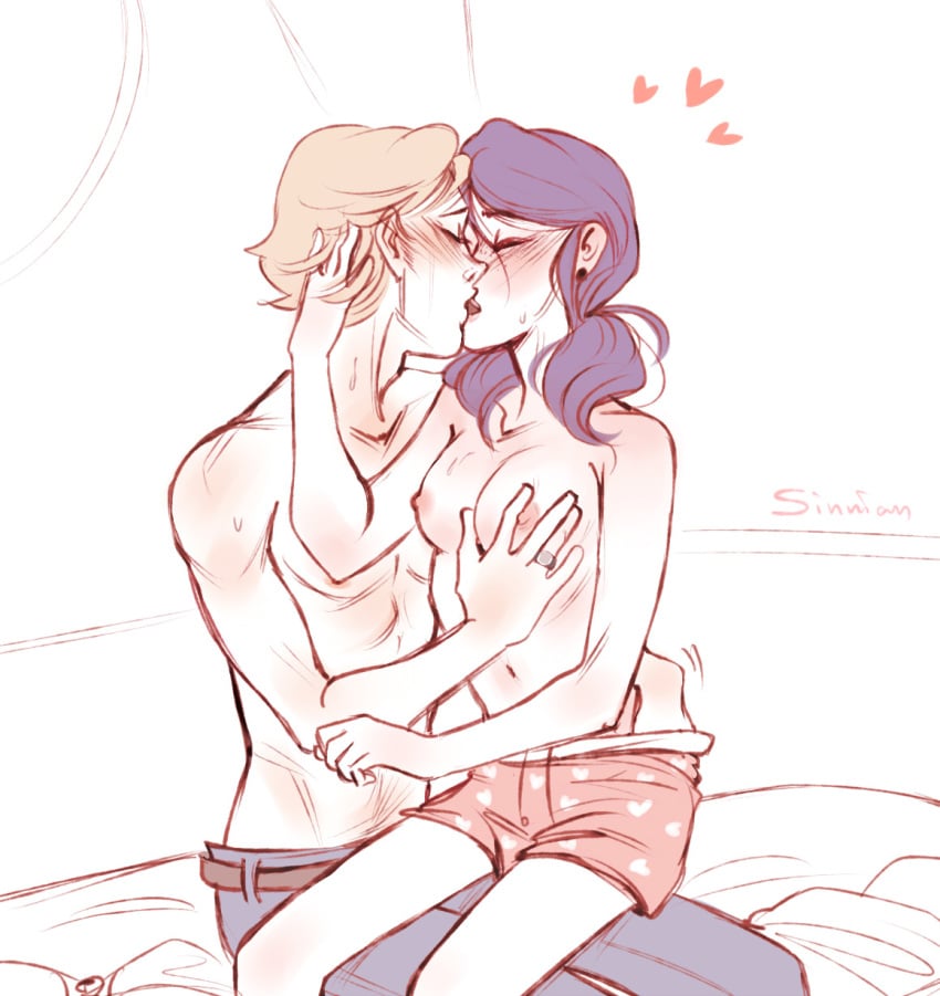 1boy 1girls adrien_agreste adrienette blush foreplay groping groping_breasts heart kissing marinette_cheng marinette_dupain-cheng miraculous_ladybug ring sinnian straight tagme topless underwear