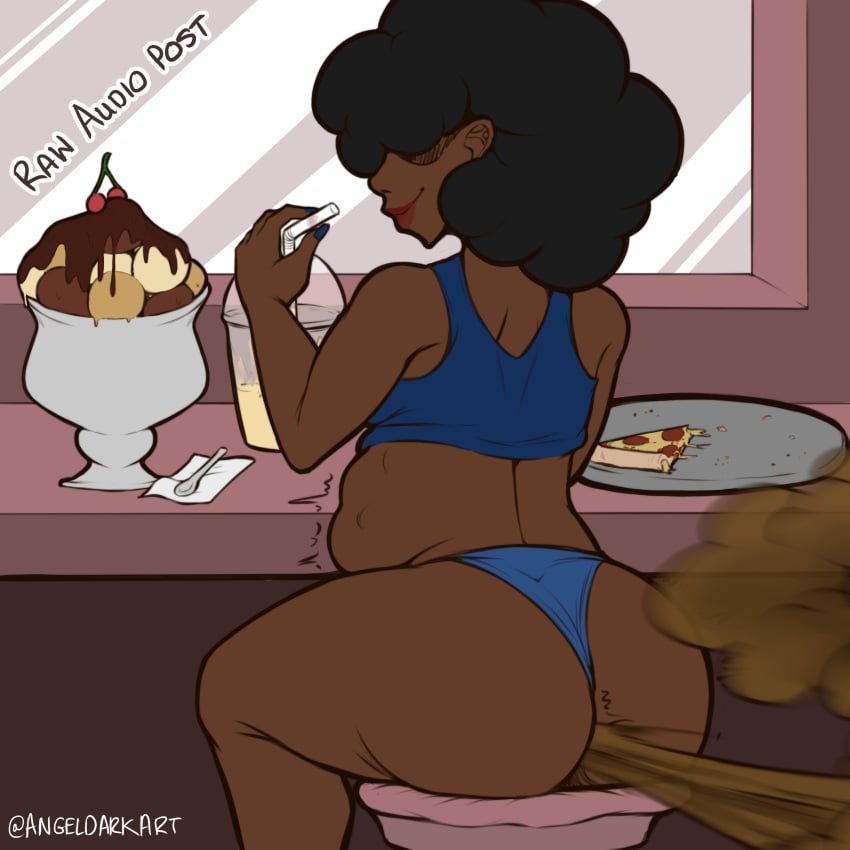 1girls afro angeldark ass big_ass black_hair bloated bloated_belly dark-skinned_female dark_skin fart fart_cloud fart_fetish farting female lactose_intolerance